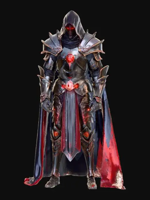 3D model for A menacing armored warlord with glowing red eyes and a flowing black cloak, wielding a crackling red energy sword, inspired by ancient Sith warriors. The armor has sleek sci-fi plating with ancient runic engravings. , #villain#