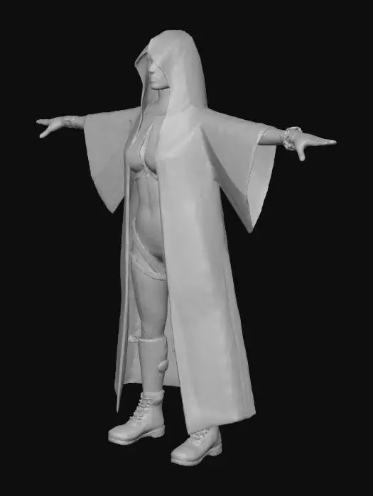 3D model for A slim, agile assassin draped in dark techwear robes, half-machine, half-human, with twin plasma blades and glowing cybernetic implants. , #villain#