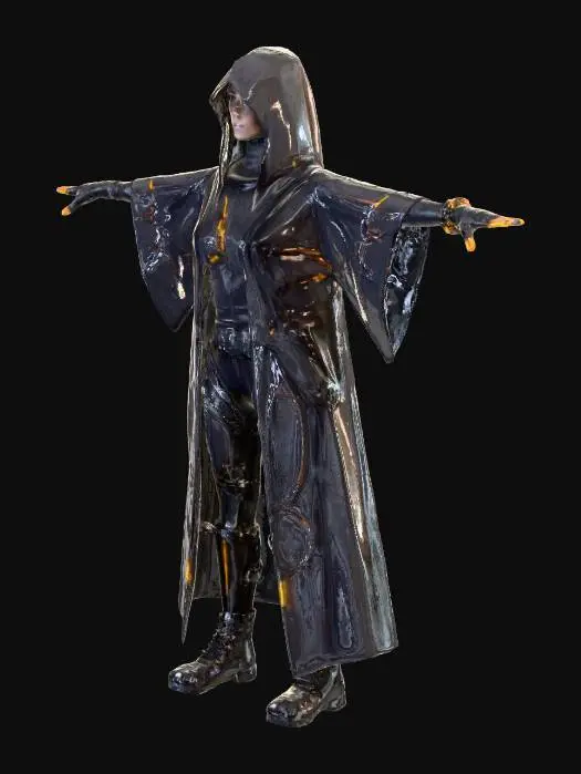 3D model for A slim, agile assassin draped in dark techwear robes, half-machine, half-human, with twin plasma blades and glowing cybernetic implants. , #villain#