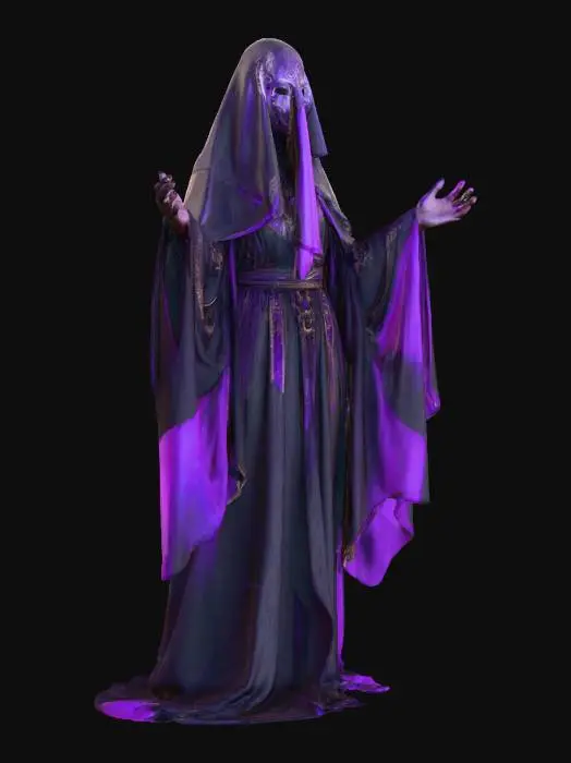 3D model for A mystical dark priestess, wearing flowing robes made of shimmering black and purple fabrics. Her face is obscured by an ornate mask with glowing runes. Style modifiers: fantasy sci-fi fusion, cinematic volumetric lighting, ethereal glow effects, dynamic pose, cloth simulation detail, ultra high quality, soft subsurface scattering, PBR materials. #villain#