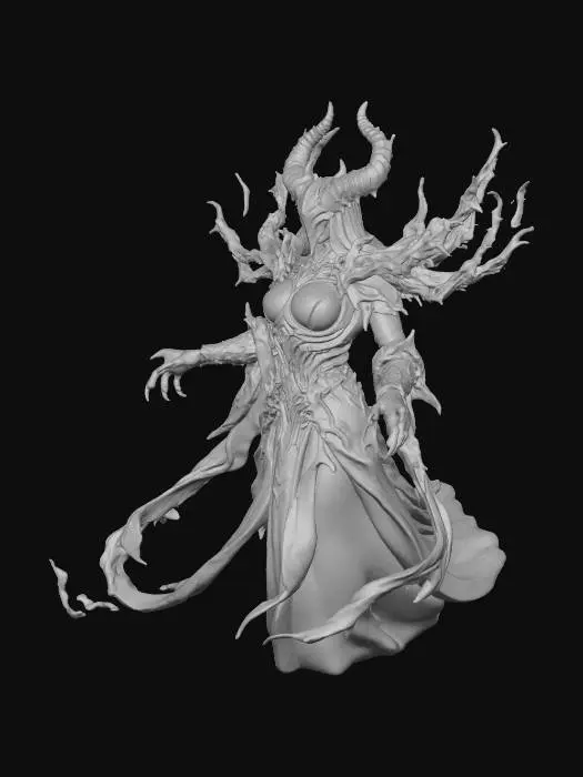 3D model for The Void Prophet, a mysterious dark priestess, shrouded in black and purple robes that ripple like smoke. Her face is hidden behind an ornate mask glowing with runes. 
cinematic lighting, fantasy sci-fi fusion, volumetric fog, ethereal glow, ultra-detailed fabrics, UHD render, dramatic lighting, 4K concept art. , #villain#