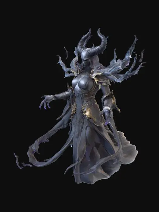 3D model for The Void Prophet, a mysterious dark priestess, shrouded in black and purple robes that ripple like smoke. Her face is hidden behind an ornate mask glowing with runes. 
cinematic lighting, fantasy sci-fi fusion, volumetric fog, ethereal glow, ultra-detailed fabrics, UHD render, dramatic lighting, 4K concept art. , #villain#