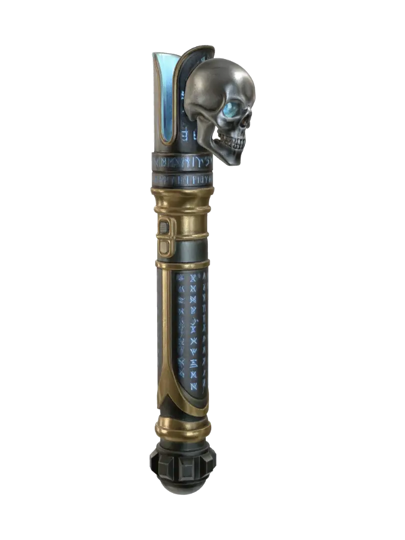 a long handled, intricately detailed lightsaber hilt with glowing ruins set atop of a… - Jedi 3D model, vytvořený pomocí AI