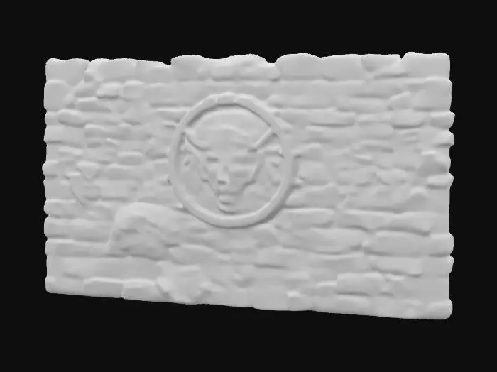 3D model for dark fantasy forest ruined stone wall fresco relief depicting a carving of an elven face, overgrown with moss and ivy