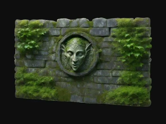 3D model for dark fantasy forest ruined stone wall fresco relief depicting a carving of an elven face, overgrown with moss and ivy