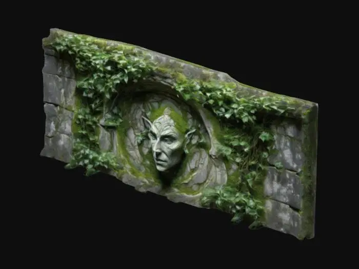 3D model for dark fantasy forest ruined stone wall fresco relief depicting a carving of an elven face, overgrown with moss and ivy