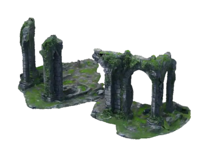 dark fantasy forest stone ruins overgrown rubble - Ivy 3D model, vytvořený pomocí AI