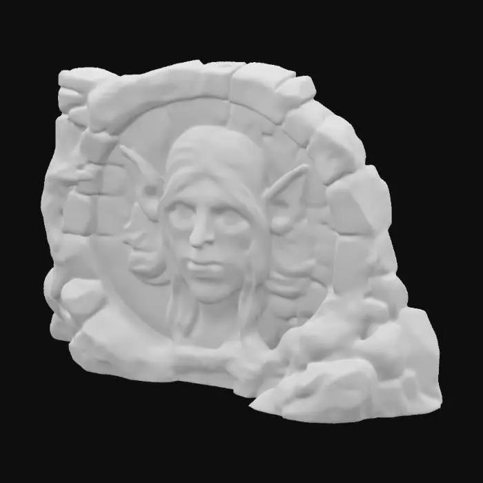 3D model for dark fantasy forest ruined stone wall fresco relief depicting a carving of an elven face, overgrown with moss and ivy