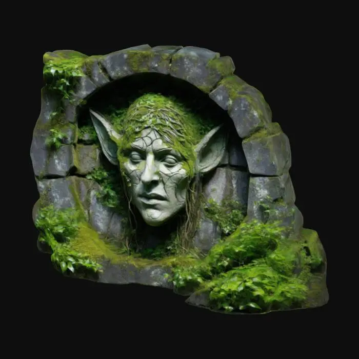 3D model for dark fantasy forest ruined stone wall fresco relief depicting a carving of an elven face, overgrown with moss and ivy