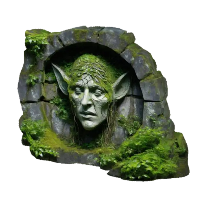 dark fantasy forest ruined stone wall fresco relief depicting a carving of an elven face, overgrown… 的 AI 生成 3D 模型