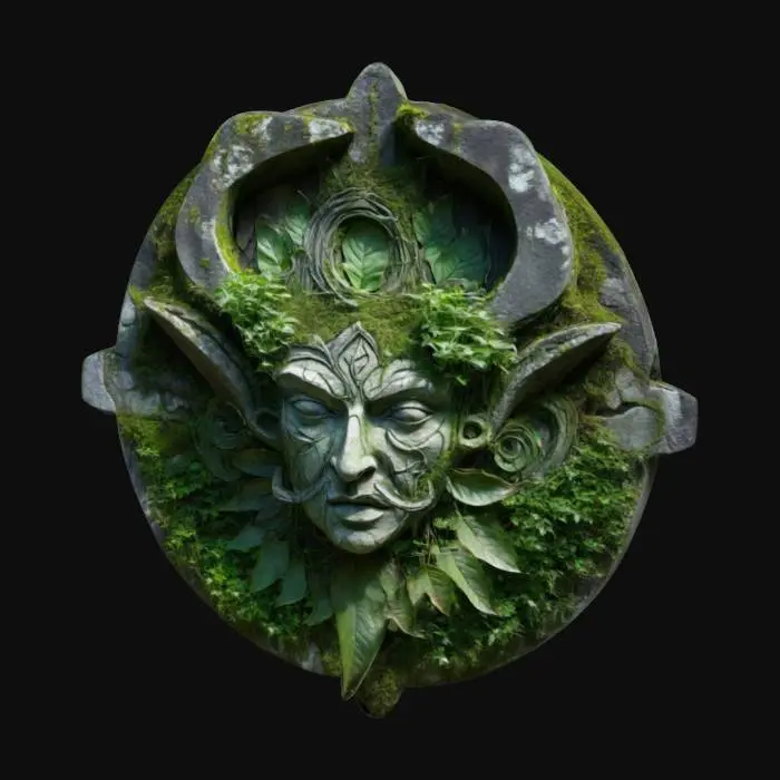 3D model for dark fantasy forest ruined stone wall fresco relief depicting a carving of an elven face, overgrown with moss and ivy
