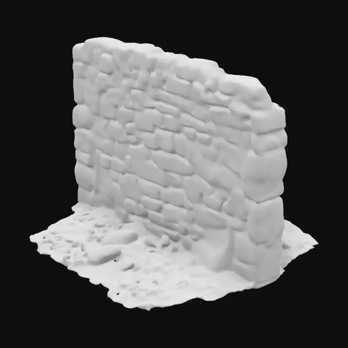 3D model for dark fantasy dwarven stone ruined wall, tarnished brass decoration, rubble