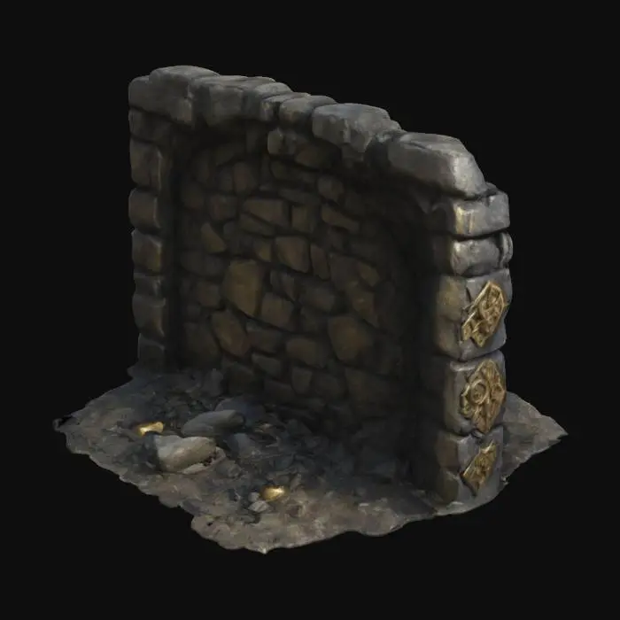 3D model for dark fantasy dwarven stone ruined wall, tarnished brass decoration, rubble