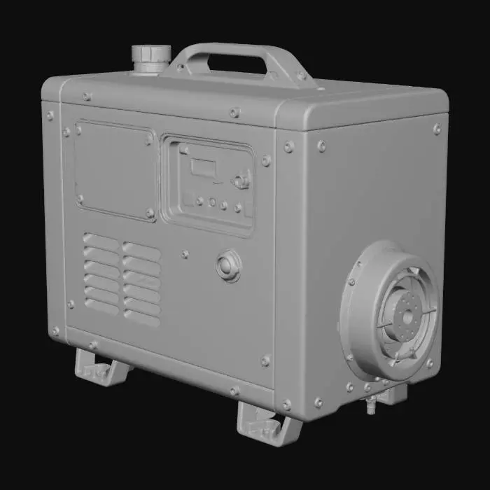 3D model for A simple industrial power generator for a video game.
Boxy and compact shape, made of metal, with a few visible cables, a small exhaust pipe, and one control panel.
Low to medium detail, clean geometry, no tiny parts.
Slight wear but not realistic grime.
Designed as a game prop, easy to recognize and interact with.
Neutral pose, centered, no background.