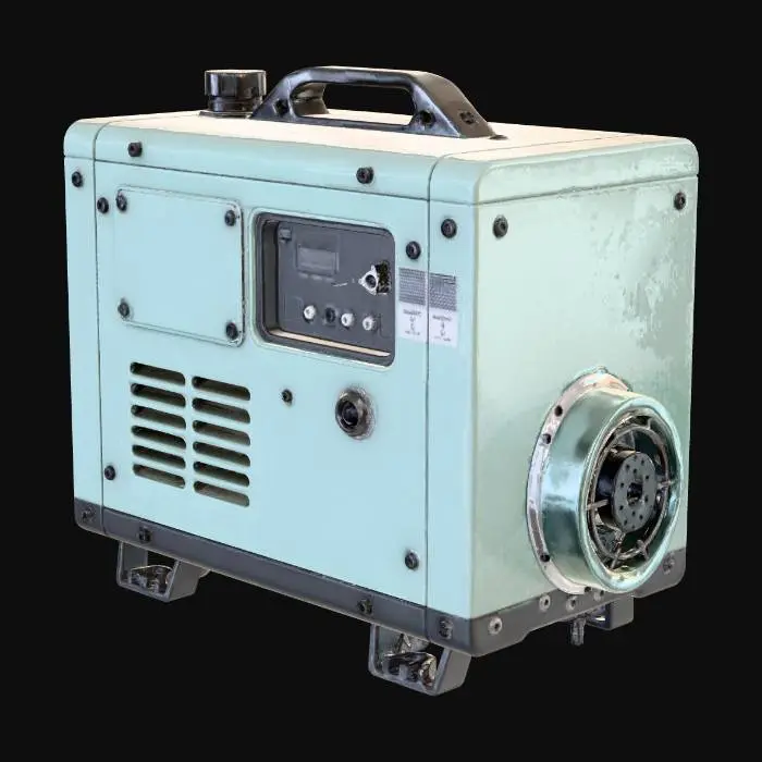3D model for A simple industrial power generator for a video game.
Boxy and compact shape, made of metal, with a few visible cables, a small exhaust pipe, and one control panel.
Low to medium detail, clean geometry, no tiny parts.
Slight wear but not realistic grime.
Designed as a game prop, easy to recognize and interact with.
Neutral pose, centered, no background.