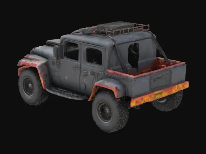 3D model for “military car damage, after apocalyptic zombie infested world modern design, black matte finish, detailed textures, photorealistic, 4K render, studio light, isolated on white background, ultra quality”
