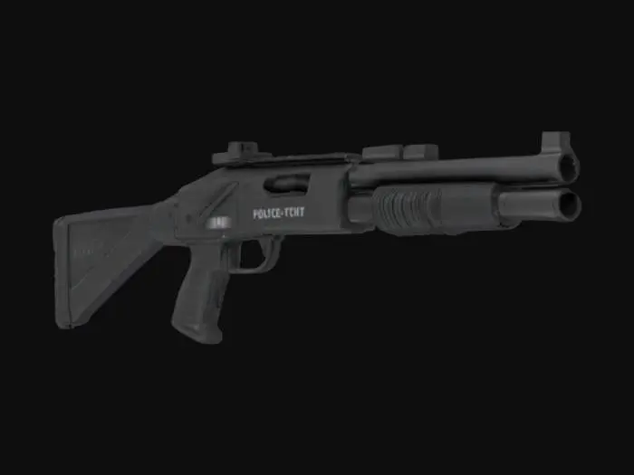 3D model for 3D photorealistic model of a police tactical shotgun. The weapon features a short barrel with pump-action mechanism, tactical rails on top and sides, and an optional flashlight or shell rack attachment. The body is matte black with visible wear on edges and slight metal shine on the barrel. Polymer stock, textured grip, and engraved “POLICE” or unit identification on the receiver. Includes PBR textures: metal, plastic, roughness, normal, and ambient occlusion maps. Clean UVs, game-ready, optimized for Unreal Engine or Blender. Ideal for urban combat, law enforcement scenarios, or crime/survival games.