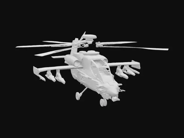 3D model for "3D model of a modern military attack helicopter, detailed exterior with mounted weapons: missile pods, machine gun turret, radar dome. Camouflage texture (black and green), visible rivets and panel lines, cockpit windows, rotating rotor blades. High-poly, PBR textures, clean UV mapping, game-ready asset, optimized for Unreal Engine or Blender."