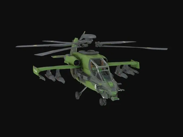 3D model for "3D model of a modern military attack helicopter, detailed exterior with mounted weapons: missile pods, machine gun turret, radar dome. Camouflage texture (black and green), visible rivets and panel lines, cockpit windows, rotating rotor blades. High-poly, PBR textures, clean UV mapping, game-ready asset, optimized for Unreal Engine or Blender."