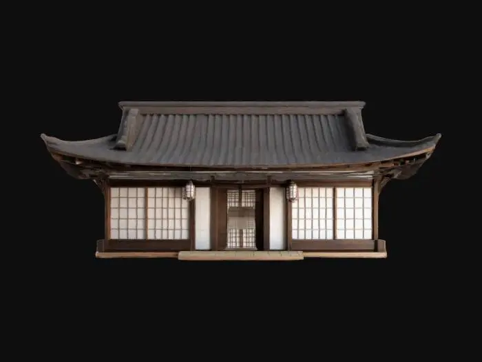 3D model for Ultra-detailed 3D model of a traditional ancient Japanese building, inspired by Edo-period architecture. Features a curved tiled roof with intricate wooden brackets and eaves, detailed sliding shoji doors, paper windows, and stone foundation. Wooden beams show natural grain and age with slight warping and weathered textures. Includes decorative elements like hanging lanterns, bonsai planters, and a small veranda. High-resolution 8K PBR textures for wood, stone, and paper. Clean UVs, watertight mesh, optimized for close-up renders, historical environments, or game scenes. Cinematic lighting highlights surface detail and depth., #arch#
