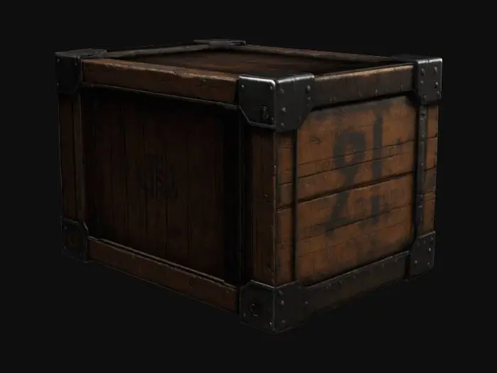 3D model for Ultra-detailed 3D model of a supply crate designed for video game environments. Sturdy rectangular shape with reinforced metal edges and secure locking mechanisms. Constructed from worn wood panels and dark steel plating. Surface features scratches, dirt, and subtle rust details. Stenciled labels and caution symbols slightly faded. 8K PBR textures with detailed normal, roughness, and ambient occlusion maps. Clean UVs, watertight mesh, game-ready asset optimized for cinematic lighting and close-up inspection.