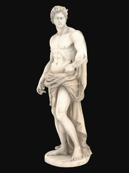 3D model for 3D model of a Renaissance-style marble statue inspired by Michelangelo’s sculptures. The statue features a highly detailed male figure with realistic anatomy, standing in a contrapposto pose, partially draped in carved stone cloth. Made from polished white marble, with visible tool marks and natural aging on the surface. Includes high-resolution PBR textures: base color (marble), normal map for chisel detail, roughness map for surface variation, and ambient occlusion. Game-ready, clean UVs, optimized for use as a museum prop or dramatic environmental asset in historical or artistic scenes.