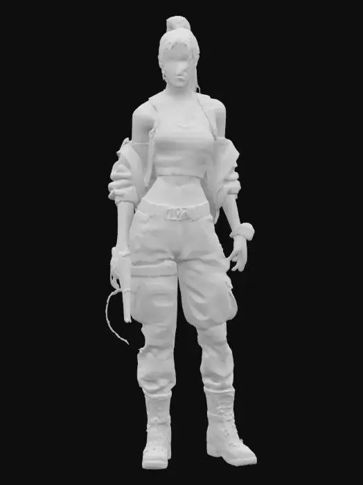 3D model for Photorealistic concept art of a 25-year-old female survivor in a post-apocalyptic setting. Athletic and lean build, with visible dirt, scratches, and weathering on her skin and clothes. She wears a fitted, dusty tank top under a ripped leather jacket, cargo pants with patches, and worn combat boots. Her hair is tied in a loose ponytail, slightly messy, with strands falling over her face. She holds a weathered pistol in one hand, finger near the trigger, while scanning the ruins around her with a tense expression. The environment is a crumbling city alley with broken neon signs, fog, and debris. Realistic lighting, 8K resolution, gritty cinematic mood, full-body or three-quarter pose.