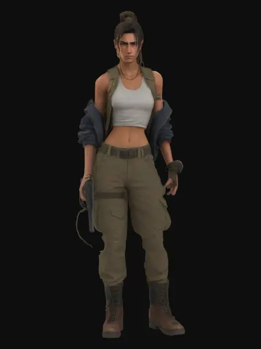 3D model for Photorealistic concept art of a 25-year-old female survivor in a post-apocalyptic setting. Athletic and lean build, with visible dirt, scratches, and weathering on her skin and clothes. She wears a fitted, dusty tank top under a ripped leather jacket, cargo pants with patches, and worn combat boots. Her hair is tied in a loose ponytail, slightly messy, with strands falling over her face. She holds a weathered pistol in one hand, finger near the trigger, while scanning the ruins around her with a tense expression. The environment is a crumbling city alley with broken neon signs, fog, and debris. Realistic lighting, 8K resolution, gritty cinematic mood, full-body or three-quarter pose.