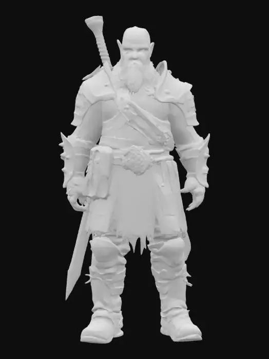 3D model for 3D photorealistic model of a half-orc, half-human warrior in a standing frontal pose. The character has a tall, muscular frame with greenish-gray skin, orc-like features blended with human structure: slightly elongated jaw, protruding tusk, heavy brow, and human eyes. Wearing heavy battle armor made of blackened steel and worn leather, adorned with spikes, fur trims, and war trophies. Equipped with a large greatsword or battle axe strapped across his back or held in his hands. Facial expression is stern and intense, with a vertical scar and a braided beard. High-poly mesh with PBR textures (metal, leather, skin, dirt), clean UVs, game-ready and rigged, optimized for Unreal Engine or Blender. Ideal for dark fantasy or Tolkien-inspired worlds.