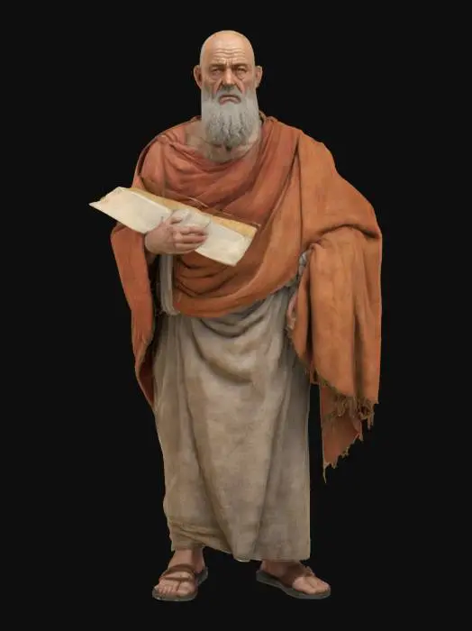 3D model for 3D photorealistic model of an aged Roman philosopher, around 70 years old, with a full beard, balding head, and solemn facial expression. He wears a traditional Roman toga, realistically draped over one shoulder, with soft cloth folds and historically accurate stitching. Skin shows signs of aging: wrinkles, slight sagging, and sun exposure. Accessories may include a scroll or stylus in hand, and leather sandals on his feet. High-poly model with PBR textures for skin, cloth, and marble accessories. Clean UVs, rigged and game-ready, optimized for Unreal Engine or Blender. Ideal for use in educational projects, historical reconstructions, or narrative storytelling in ancient Rome settings.