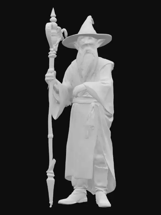 3D model for 3D photorealistic model of an elderly male elven wizard, around 65 years old in appearance. He has long grey hair, a refined face with pointed ears, and an aura of ancient wisdom. Wearing a detailed grey robe with subtle embroidery and layered fabric, accompanied by a tall pointed wizard hat that matches in tone and texture. His feet are covered by leather wizard boots with stitched runes and travel wear. In his right hand he holds a staff made of ancient wood, featuring a glowing crystal at its tip used to channel magic. His expression is calm, mysterious, and introspective. High-poly model with PBR textures (cloth, leather, metal, magical glow), clean UVs, rigged and game-ready, optimized for Unreal Engine or Blender. Ideal for fantasy RPG or cinematic environments.