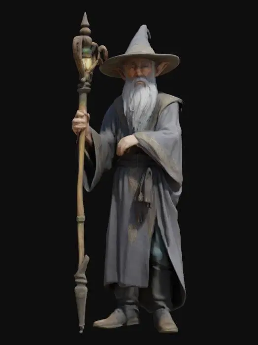 3D model for 3D photorealistic model of an elderly male elven wizard, around 65 years old in appearance. He has long grey hair, a refined face with pointed ears, and an aura of ancient wisdom. Wearing a detailed grey robe with subtle embroidery and layered fabric, accompanied by a tall pointed wizard hat that matches in tone and texture. His feet are covered by leather wizard boots with stitched runes and travel wear. In his right hand he holds a staff made of ancient wood, featuring a glowing crystal at its tip used to channel magic. His expression is calm, mysterious, and introspective. High-poly model with PBR textures (cloth, leather, metal, magical glow), clean UVs, rigged and game-ready, optimized for Unreal Engine or Blender. Ideal for fantasy RPG or cinematic environments.