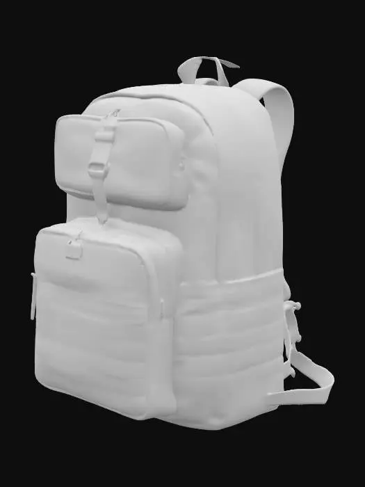 3D model for “military bag, modern design, black matte finish, detailed textures, photorealistic, 4K render, studio light, isolated on white background, side view”