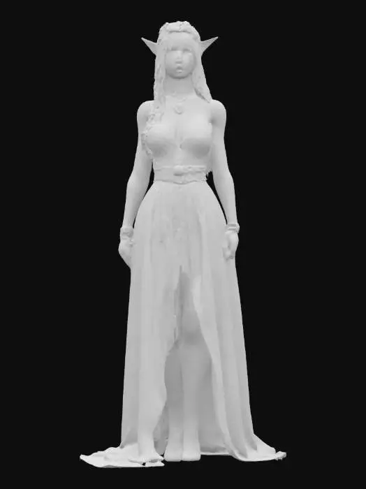 3D model for 3D photorealistic model of a female elf character, appearing around 30 years old, with pointed ears and long golden-blonde hair flowing naturally down her back. She wears a semi-transparent white elven gown with layered fabric and fine embroidery, shimmering subtly with magical elven patterns. Delicate pearl-white silk shoes cover her feet. An intricate silver amulet hangs around her neck, and a graceful, nature-inspired elven crown rests on her head. Her facial expression is serene, peaceful, and dignified. High-poly model with PBR textures for cloth, skin, silk, and metal. Clean UVs, rigged and game-ready, optimized for Unreal Engine or Blender. Perfect for fantasy settings inspired by Tolkien’s world.
