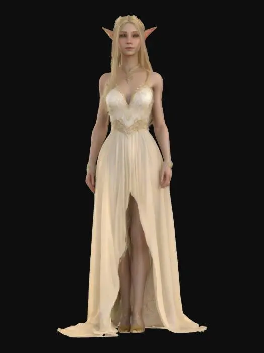 3D model for 3D photorealistic model of a female elf character, appearing around 30 years old, with pointed ears and long golden-blonde hair flowing naturally down her back. She wears a semi-transparent white elven gown with layered fabric and fine embroidery, shimmering subtly with magical elven patterns. Delicate pearl-white silk shoes cover her feet. An intricate silver amulet hangs around her neck, and a graceful, nature-inspired elven crown rests on her head. Her facial expression is serene, peaceful, and dignified. High-poly model with PBR textures for cloth, skin, silk, and metal. Clean UVs, rigged and game-ready, optimized for Unreal Engine or Blender. Perfect for fantasy settings inspired by Tolkien’s world.