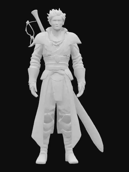 3D model for 3D stylized or photorealistic model of a male fantasy character inspired by the Final Fantasy series. Character has a tall, lean build, spiky or windswept hairstyle (silver, black, or bluish-gray), and striking eyes — possibly heterochromatic or glowing. His clothing includes a long, asymmetrical fantasy coat, armor elements on one shoulder, layered belts and straps, and high-detail boots. Accessories include pouches, pendant, gloves, and a large weapon: either a giant sword, gunblade, or mystical spear. Materials include leather, steel, glowing crystal, and cloth with engraved patterns. Rigged and game-ready, with PBR textures (metal, cloth, leather, emissive). Ideal for use in JRPG-style projects or fantasy action games.