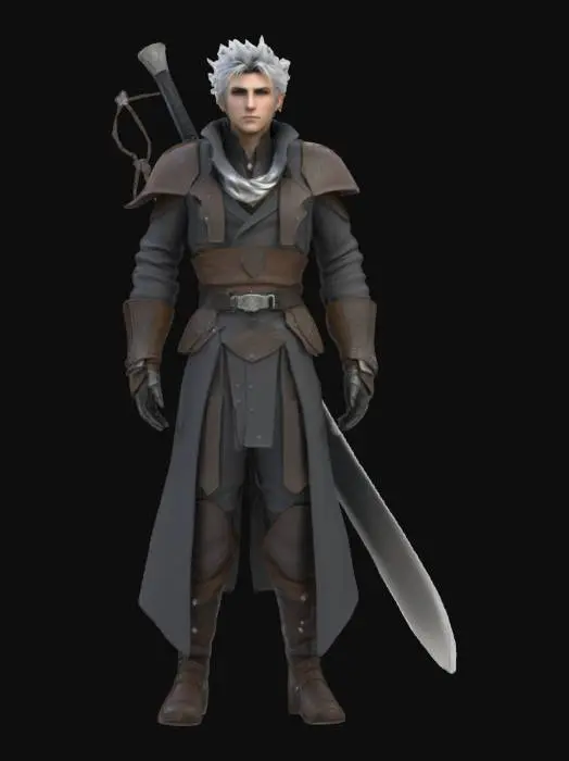 3D model for 3D stylized or photorealistic model of a male fantasy character inspired by the Final Fantasy series. Character has a tall, lean build, spiky or windswept hairstyle (silver, black, or bluish-gray), and striking eyes — possibly heterochromatic or glowing. His clothing includes a long, asymmetrical fantasy coat, armor elements on one shoulder, layered belts and straps, and high-detail boots. Accessories include pouches, pendant, gloves, and a large weapon: either a giant sword, gunblade, or mystical spear. Materials include leather, steel, glowing crystal, and cloth with engraved patterns. Rigged and game-ready, with PBR textures (metal, cloth, leather, emissive). Ideal for use in JRPG-style projects or fantasy action games.