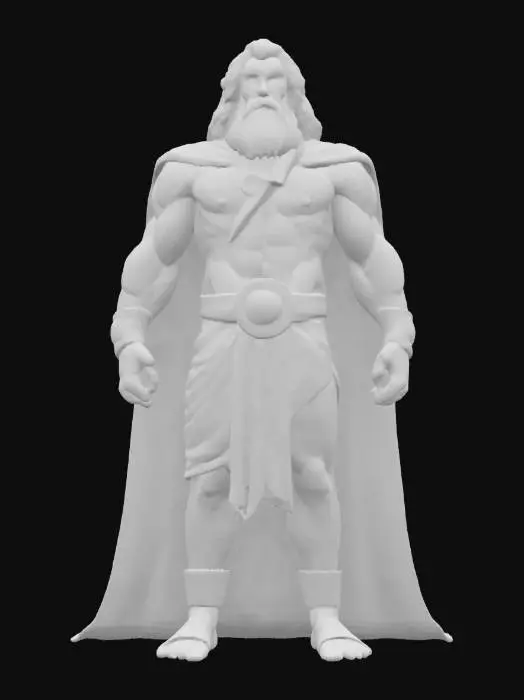 3D model for 3D photorealistic model of a character inspired by Zeus, the god of thunder. The character is extremely muscular, with defined anatomy, long flowing white hair, and a thick beard. He wears a dynamic Greek-style tunic in white and gold, with realistic cloth physics and engraved golden trims. In his right hand, he holds a stylized lightning bolt made of glowing energy or crystal. His body shows veins of energy beneath the skin, and faint magical glyphs are etched into his arms. Accessories include a golden belt, sandals, and arm bracers. High-poly model with PBR textures (cloth, skin, lightning emissive, metal). Fully rigged, clean UVs, game-ready for Unreal Engine or Blender. Ideal for mythological or fantasy RPGs.