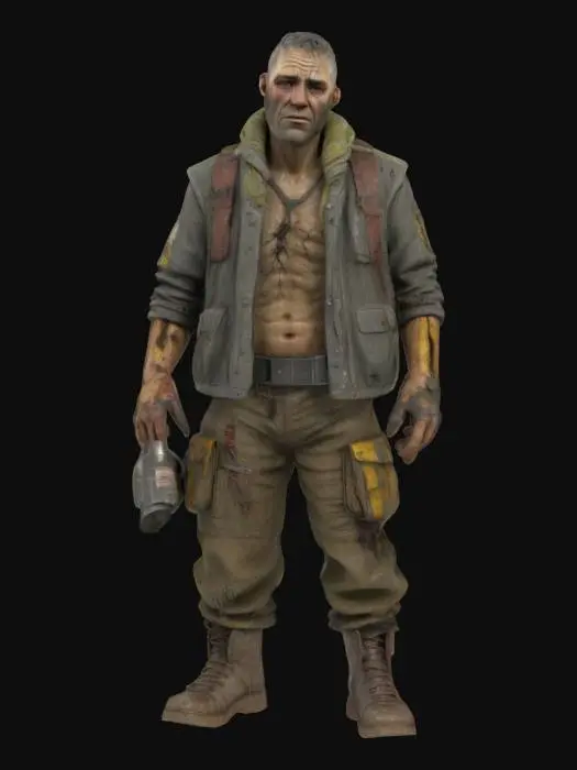 3D model for 3D photorealistic model of a post-nuclear fallout survivor, dressed in tattered rags and scavenged materials. The outfit includes layered fabric, torn jackets, wrapped forearms, and belts holding pouches or tools. The character has a dirty, rugged look with visible signs of exposure: radiation burns, scars, sunken eyes, and cracked lips. He may wear a broken gas mask, rusted shoulder pad, or a salvaged helmet fragment. Boots are damaged and caked in mud. Includes PBR textures: dirt-covered fabric, rusted metal, skin damage, grime, and dust. Fully rigged, clean UVs, high-poly or game-optimized, ready for Unreal Engine or Blender. Ideal for survival or open-world apocalyptic environments.