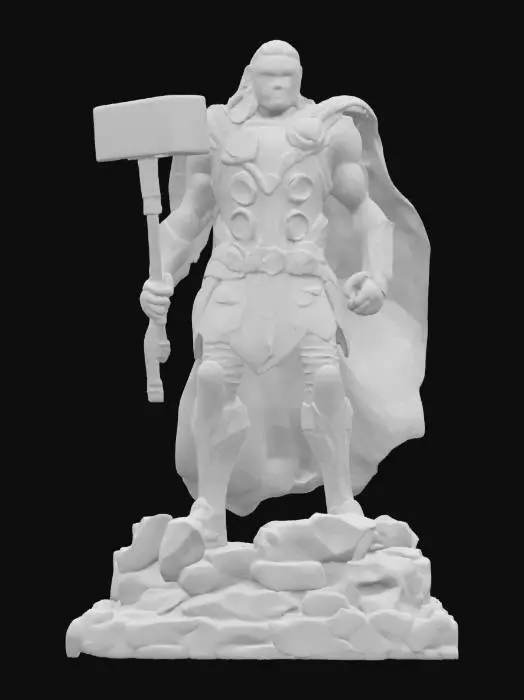 3D model for Highly detailed action figure of Thor, Norse god of thunder, standing in a heroic pose on a rocky, storm-themed display base. The figure is muscular and imposing, wearing a black and silver armored suit with red accents and engraved Asgardian motifs. A flowing red cape falls behind his shoulders, sculpted in mid-motion for dynamic effect. Thor's face is stoic, with medium-length blond hair and a neatly groomed beard. His right hand grips Mjolnir, a weathered hammer with Norse runes etched into the head, while his left is clenched at his side or raised in command. The armor features metallic textures, leather straps, and glowing blue energy lines along the chest plate. The eyes have a faint glow, and the base includes translucent lightning effects wrapping around his boots.