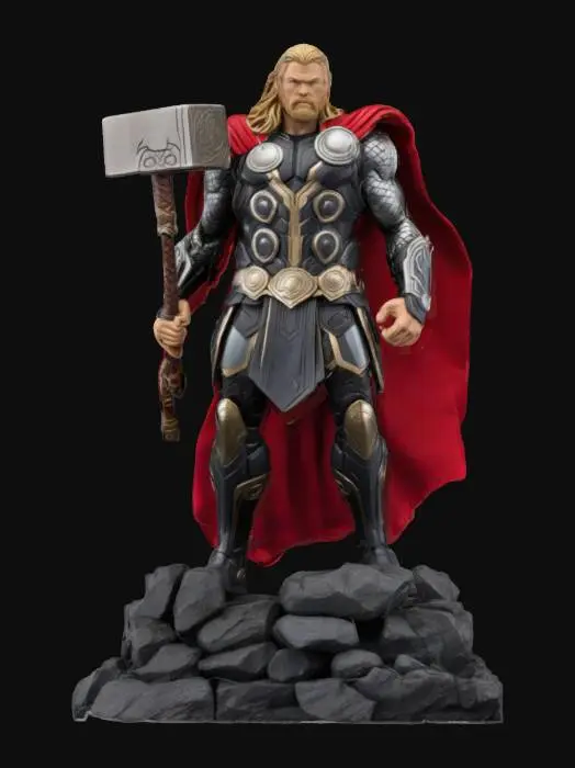3D model for Highly detailed action figure of Thor, Norse god of thunder, standing in a heroic pose on a rocky, storm-themed display base. The figure is muscular and imposing, wearing a black and silver armored suit with red accents and engraved Asgardian motifs. A flowing red cape falls behind his shoulders, sculpted in mid-motion for dynamic effect. Thor's face is stoic, with medium-length blond hair and a neatly groomed beard. His right hand grips Mjolnir, a weathered hammer with Norse runes etched into the head, while his left is clenched at his side or raised in command. The armor features metallic textures, leather straps, and glowing blue energy lines along the chest plate. The eyes have a faint glow, and the base includes translucent lightning effects wrapping around his boots.