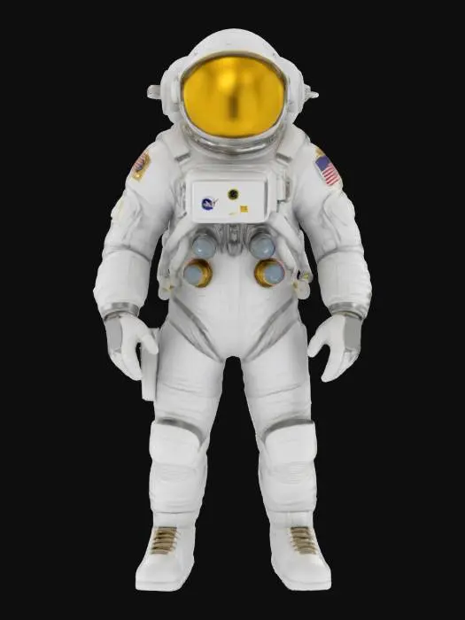 3D model for 3D photorealistic model of a fully suited astronaut action figure, designed with realistic proportions and full-body detail. The astronaut wears a modern EVA spacesuit, complete with sealed helmet, gold-coated visor, life support system on the back, communication modules, and reinforced boots and gloves. Textures include high-resolution PBR maps for fabric, metal, plastic, and glass. The model includes layered cloth folds, subtle dirt/wear on boots, and accurate connectors and hoses. Ideal for realistic sci-fi, educational visualization, or collector-grade 3D printing. The figure is posed standing or in dynamic readiness, and can be placed on a base representing the Moon, Mars, or a futuristic landing zone.