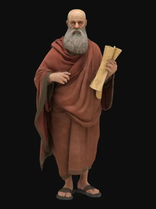 3D model for 3D photorealistic model of an aged Roman philosopher, around 70 years old, with a full beard, balding head, and solemn facial expression. He wears a traditional Roman toga, realistically draped over one shoulder, with soft cloth folds and historically accurate stitching. Skin shows signs of aging: wrinkles, slight sagging, and sun exposure. Accessories may include a scroll or stylus in hand, and leather sandals on his feet. High-poly model with PBR textures for skin, cloth, and marble accessories. Clean UVs, rigged and game-ready, optimized for Unreal Engine or Blender. Ideal for use in educational projects, historical reconstructions, or narrative storytelling in ancient Rome settings.