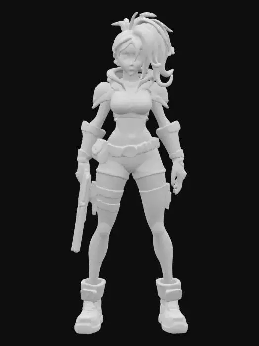 3D model for 3D stylized female action character, cartoon proportions with large eyes and exaggerated movements. Athletic body type with flexible armor, utility harness, and tech-enhanced boots. Hair in a high ponytail or side braid, equipped with a sci-fi pistol and throwing knives. Outfit includes bright colors with glowing accents and visible wear. Hand-painted or cel-shaded PBR textures, clean UVs, rigged and game-ready, optimized for Unreal Engine or Blender, ideal for action-platformer or team shooter game.