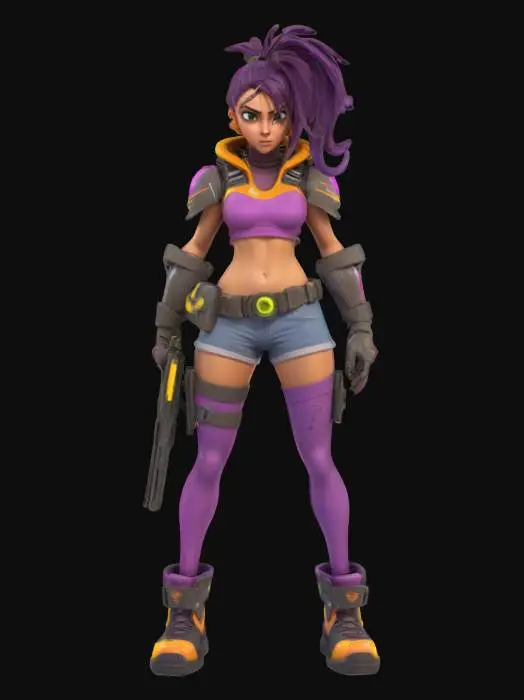 3D model for 3D stylized female action character, cartoon proportions with large eyes and exaggerated movements. Athletic body type with flexible armor, utility harness, and tech-enhanced boots. Hair in a high ponytail or side braid, equipped with a sci-fi pistol and throwing knives. Outfit includes bright colors with glowing accents and visible wear. Hand-painted or cel-shaded PBR textures, clean UVs, rigged and game-ready, optimized for Unreal Engine or Blender, ideal for action-platformer or team shooter game.