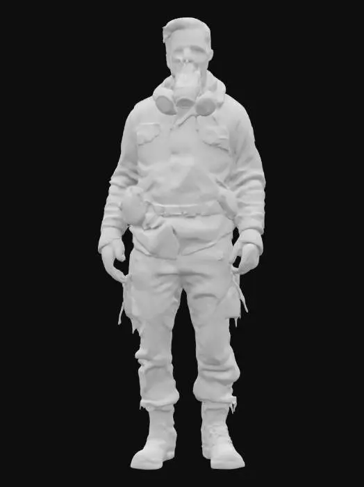 3D model for 3D photorealistic model of a post-nuclear fallout survivor, dressed in tattered rags and scavenged materials. The outfit includes layered fabric, torn jackets, wrapped forearms, and belts holding pouches or tools. The character has a dirty, rugged look with visible signs of exposure: radiation burns, scars, sunken eyes, and cracked lips. He may wear a broken gas mask, rusted shoulder pad, or a salvaged helmet fragment. Boots are damaged and caked in mud. Includes PBR textures: dirt-covered fabric, rusted metal, skin damage, grime, and dust. Fully rigged, clean UVs, high-poly or game-optimized, ready for Unreal Engine or Blender. Ideal for survival or open-world apocalyptic environments.