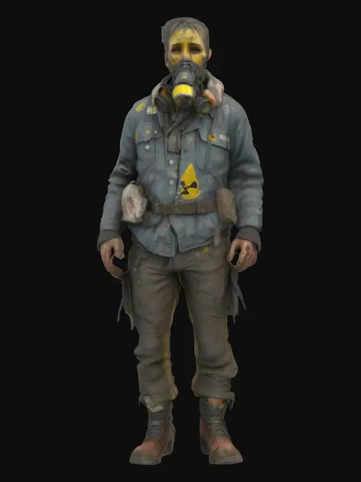 3D model for 3D photorealistic model of a post-nuclear fallout survivor, dressed in tattered rags and scavenged materials. The outfit includes layered fabric, torn jackets, wrapped forearms, and belts holding pouches or tools. The character has a dirty, rugged look with visible signs of exposure: radiation burns, scars, sunken eyes, and cracked lips. He may wear a broken gas mask, rusted shoulder pad, or a salvaged helmet fragment. Boots are damaged and caked in mud. Includes PBR textures: dirt-covered fabric, rusted metal, skin damage, grime, and dust. Fully rigged, clean UVs, high-poly or game-optimized, ready for Unreal Engine or Blender. Ideal for survival or open-world apocalyptic environments.