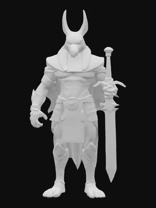 3D model for Photorealistic concept art of a powerful humanoid figure inspired by Anubis, the ancient Egyptian god of the dead. The character has a tall, imposing muscular body with the sleek black jackal head of Anubis, featuring golden eyes glowing faintly with divine energy. He wears a richly decorated ceremonial armor or robe, combining gold, obsidian, and dark blue tones, adorned with ancient Egyptian hieroglyphs and scarab motifs. Around his neck is a large ornate collar with lapis lazuli and turquoise inlays. His arms are wrapped in gold-trimmed bracers, and he holds an ankh staff or a glowing khopesh sword imbued with spiritual energy. A flowing black or dark red cape trails behind him. The background shows a desert night sky, ancient tombs, or the gates of the underworld.