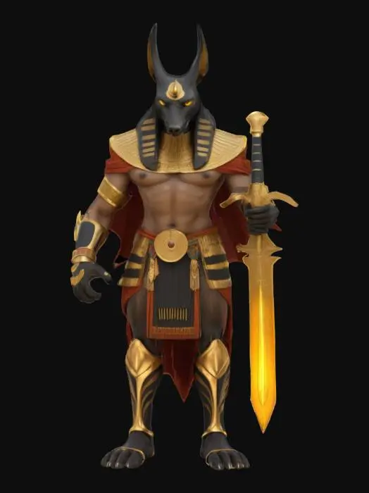 3D model for Photorealistic concept art of a powerful humanoid figure inspired by Anubis, the ancient Egyptian god of the dead. The character has a tall, imposing muscular body with the sleek black jackal head of Anubis, featuring golden eyes glowing faintly with divine energy. He wears a richly decorated ceremonial armor or robe, combining gold, obsidian, and dark blue tones, adorned with ancient Egyptian hieroglyphs and scarab motifs. Around his neck is a large ornate collar with lapis lazuli and turquoise inlays. His arms are wrapped in gold-trimmed bracers, and he holds an ankh staff or a glowing khopesh sword imbued with spiritual energy. A flowing black or dark red cape trails behind him. The background shows a desert night sky, ancient tombs, or the gates of the underworld.