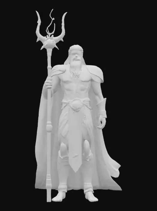 3D model for Photorealistic concept art of Poseidon, god of the sea, standing in a commanding pose on a stormy shoreline or rising from the ocean waves. He appears as a powerful, mature man with a muscular, divine physique, long flowing seaweed-like dark hair, and a majestic beard streaked with silver. His eyes glow faintly blue, reflecting the depths of the ocean. He wears ornate armor pieces made of coral, gold, and ancient bronze, partially covered by a flowing sea-blue cloak or royal tunic that whips in the wind.
In his right hand, he holds a massive trident forged from celestial metal, crackling with aquatic energy and encrusted with glowing blue runes. Around him, the sea roars—water spirals around his feet, and lightning arcs across a stormy sky. 